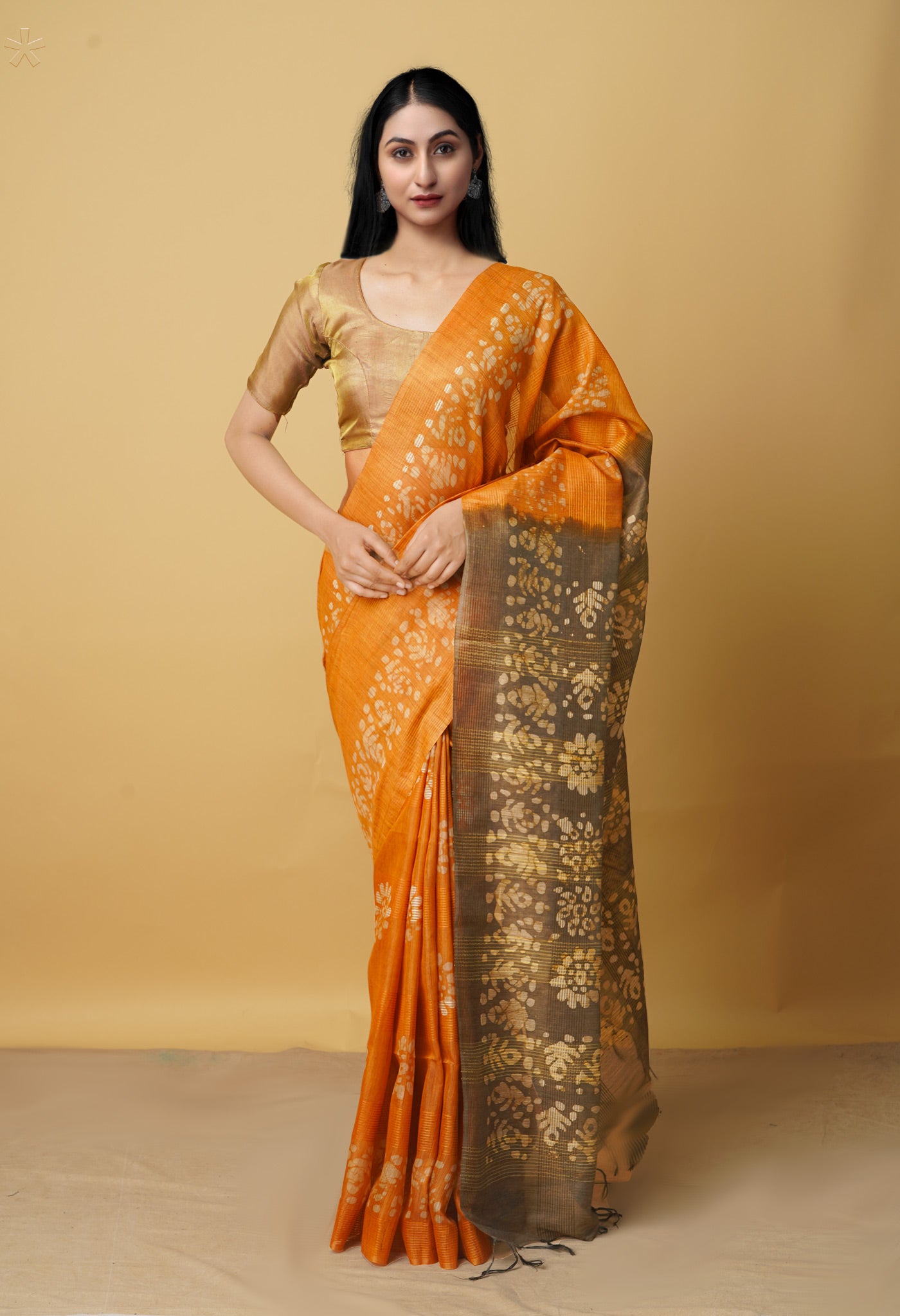 Orange-Green Pure Batik Bhagalpuri Sico Saree-UNM66526