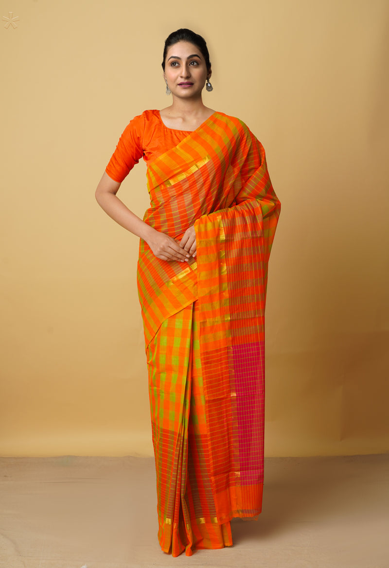 Orange Pure Mangalgiri Cotton Saree-UNM66580