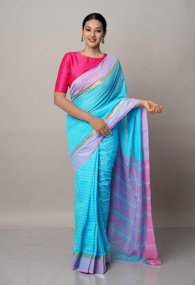 Sky Blue Pure Mangalgiri Cotton Saree-UNM66596