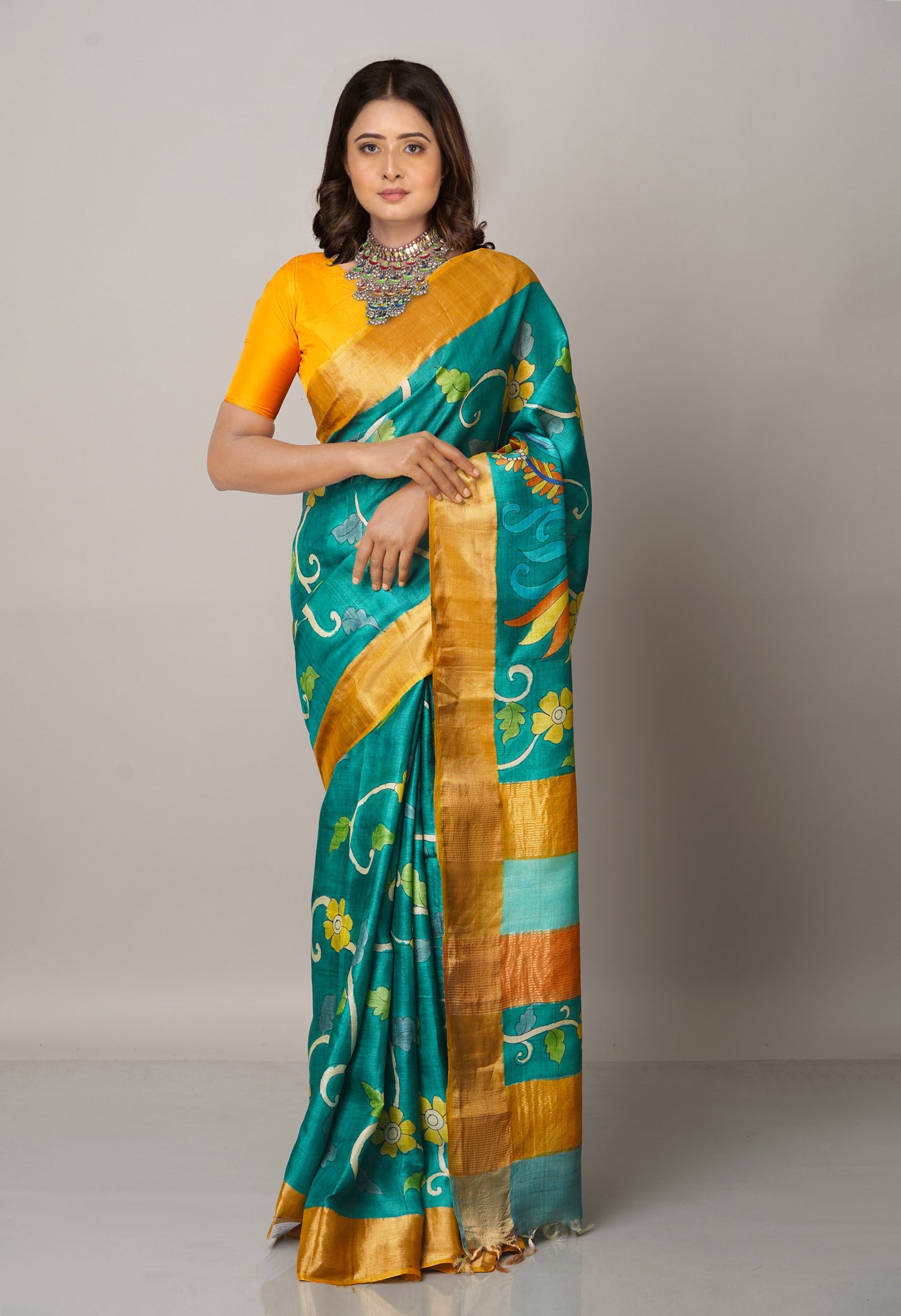 Green Pure Handloom Bengal Tussar Silk Saree-UNM66599