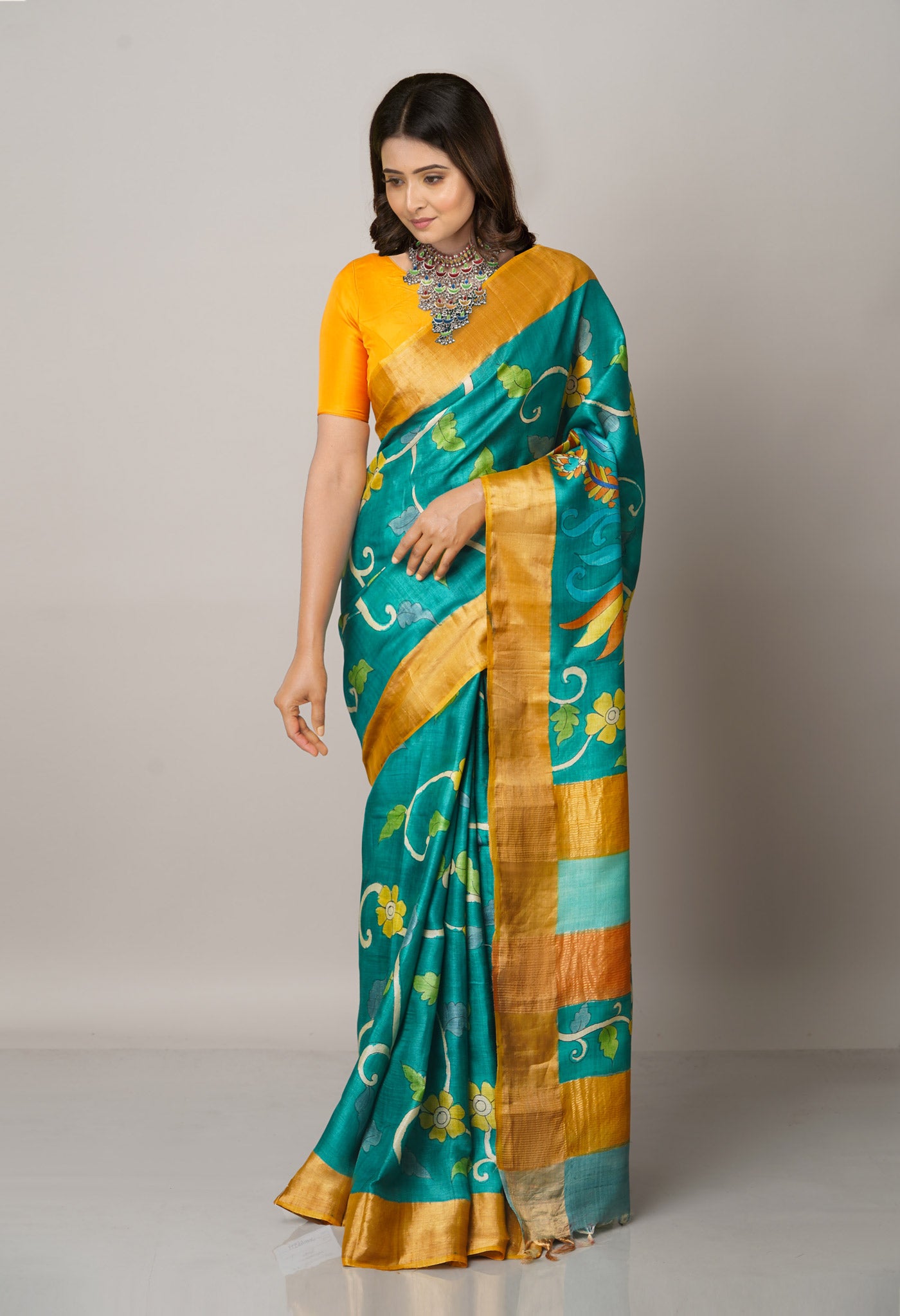 Green Pure Handloom Bengal Tussar Silk Saree-UNM66599