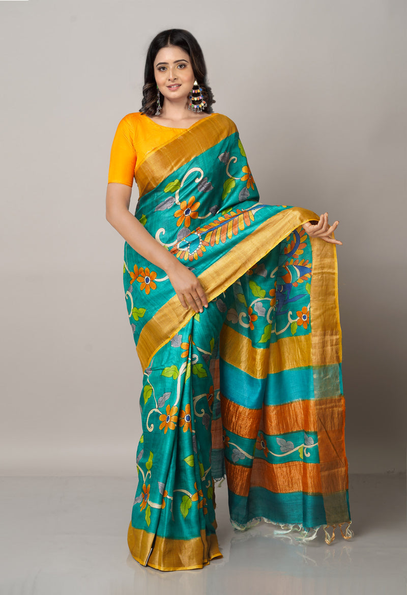 Green Pure Handloom Bengal Tussar Silk Saree-UNM66600