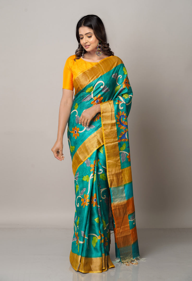 Green Pure Handloom Bengal Tussar Silk Saree-UNM66600