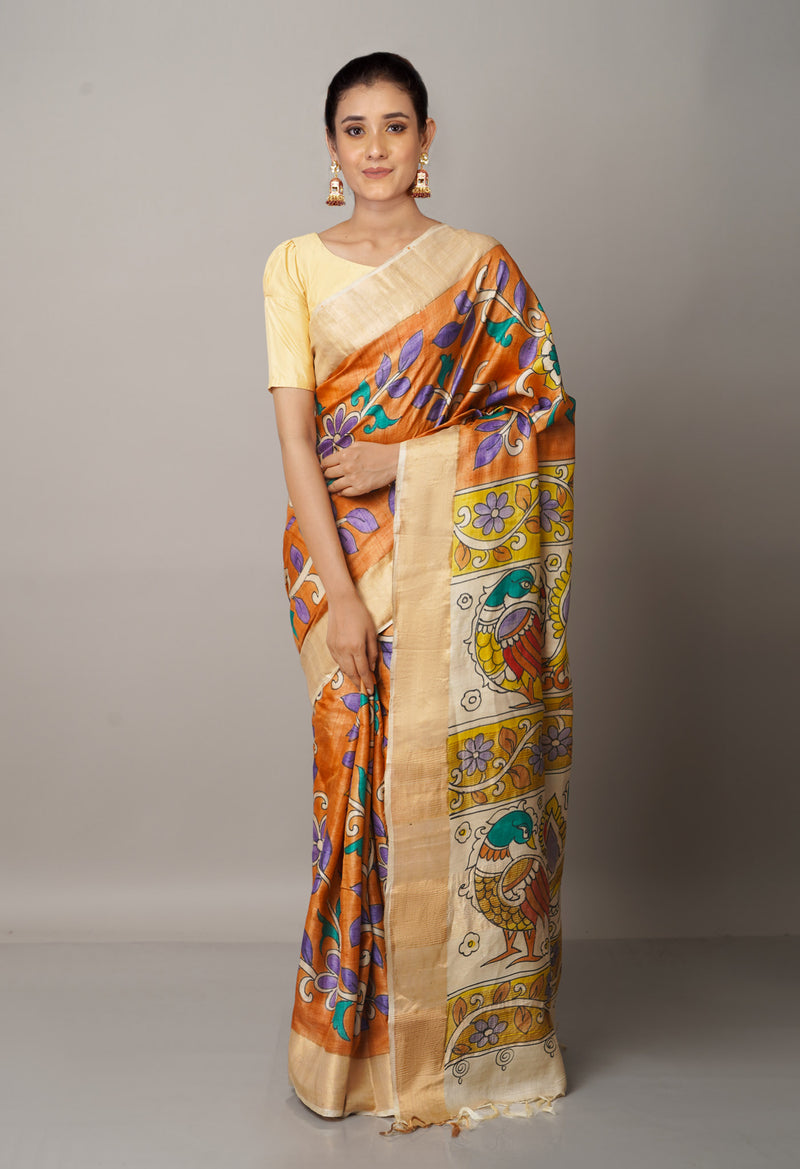 Peach Orange Pure Handloom Bengal Tussar Silk Saree-UNM66601