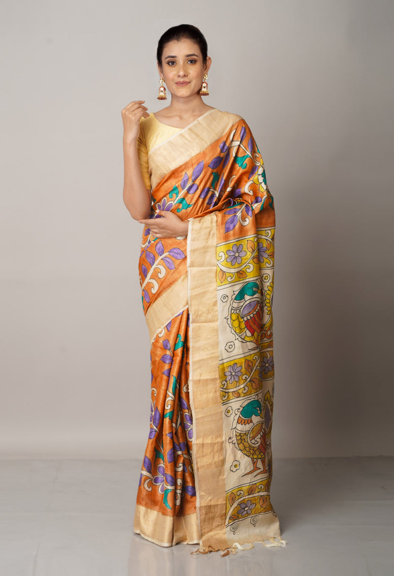 Peach Orange Pure Handloom Bengal Tussar Silk Saree-UNM66601