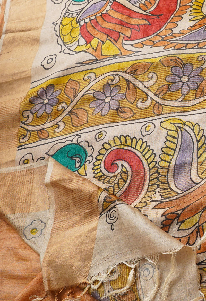 Peach Orange Pure Handloom Bengal Tussar Silk Saree-UNM66601