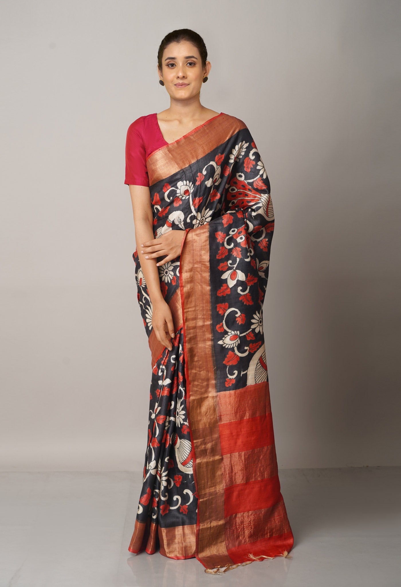 Black Pure Handloom Bengal Tussar Silk Saree-UNM66603