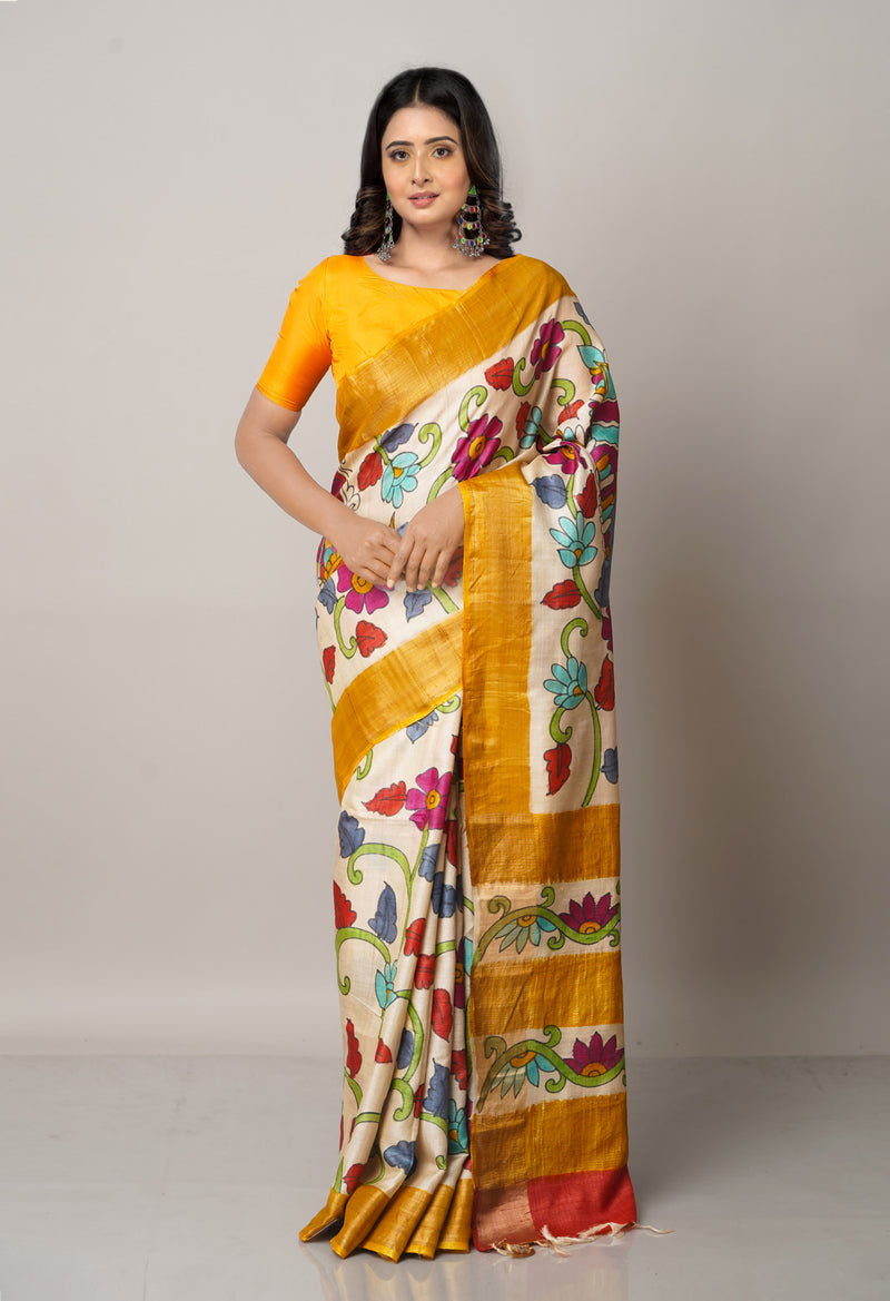 Cream Pure Handloom Bengal Tussar Silk Saree-UNM66608
