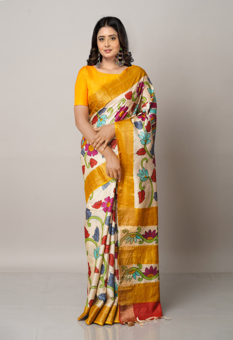 Cream Pure Handloom Bengal Tussar Silk Saree-UNM66608