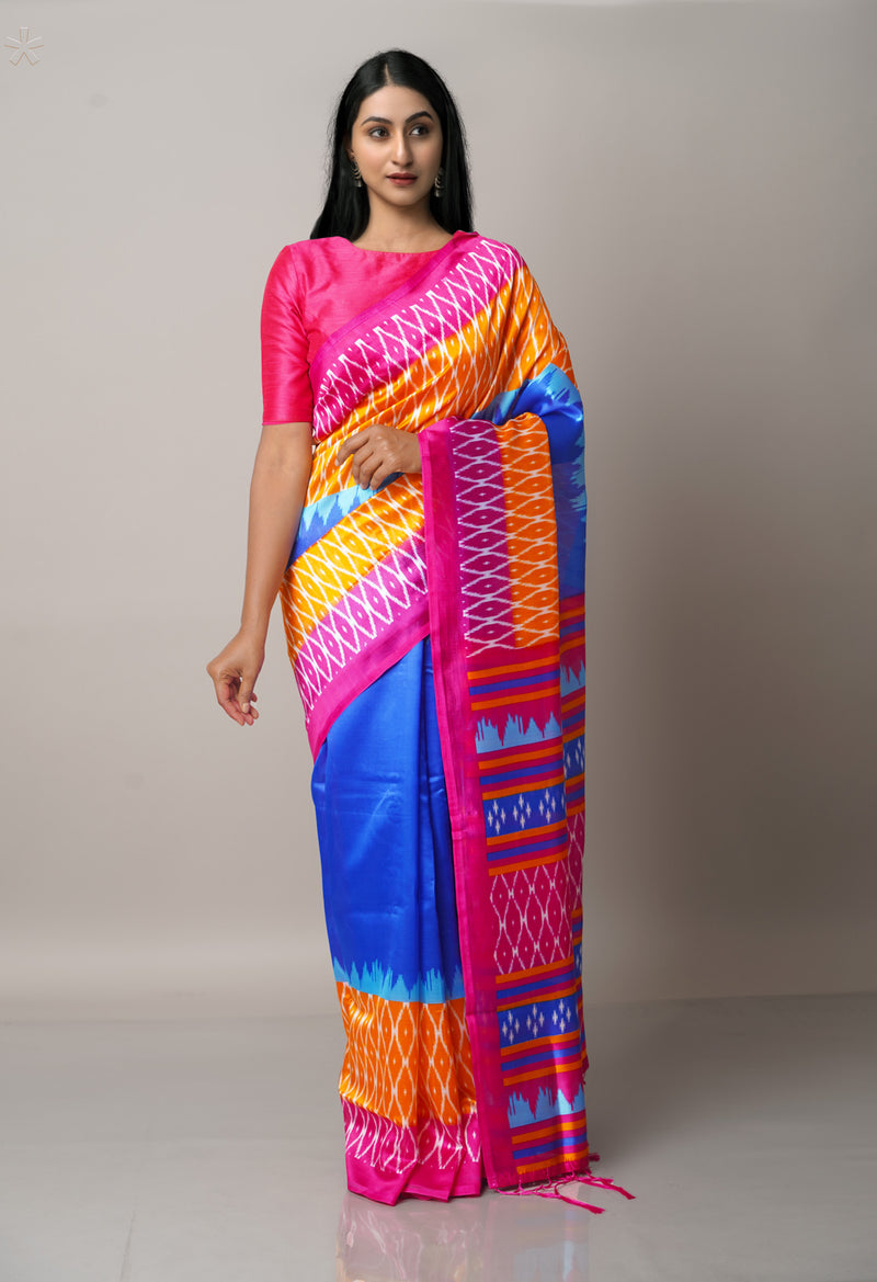 Blue  Fancy Block Printed Art Silk Saree-UNM66616