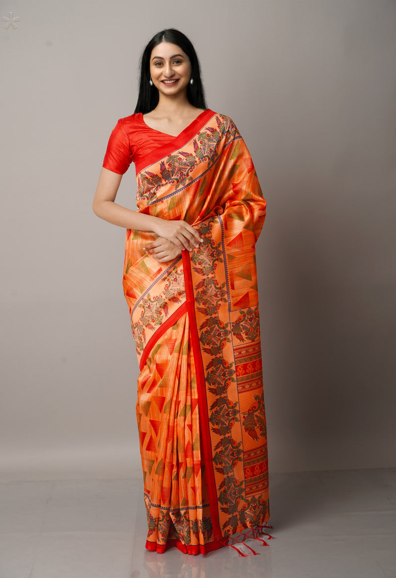 Orange  Fancy Block Printed Art Silk Saree-UNM66618