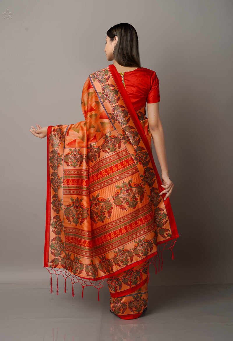 Orange  Fancy Block Printed Art Silk Saree-UNM66618
