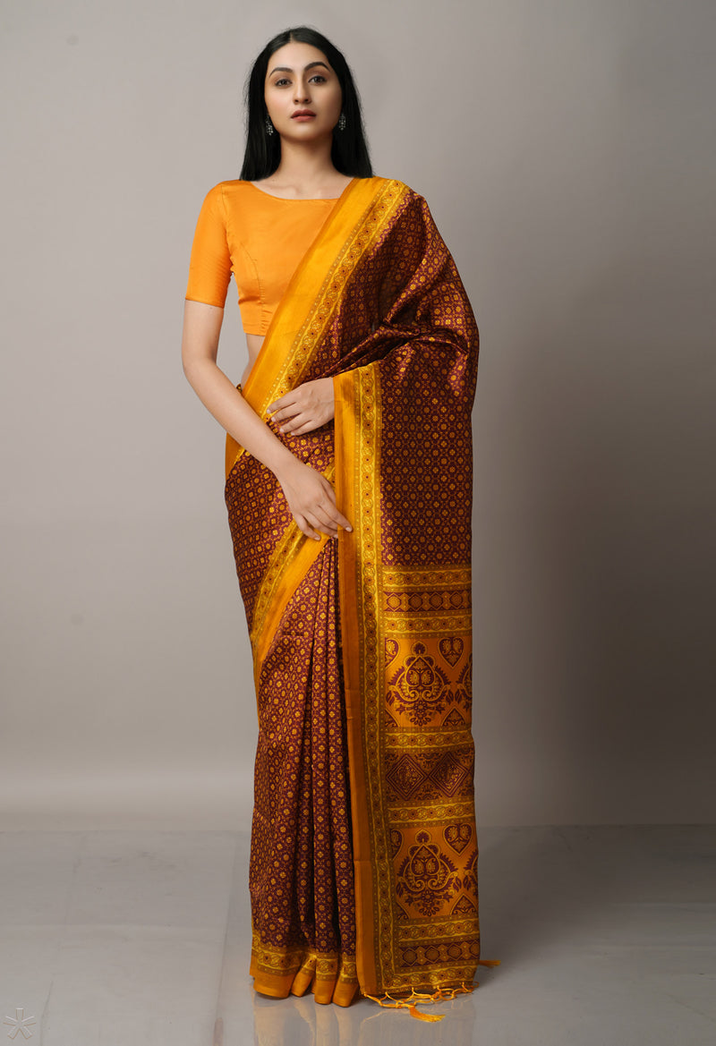 Brown  Fancy Block Printed Art Silk Saree-UNM66621