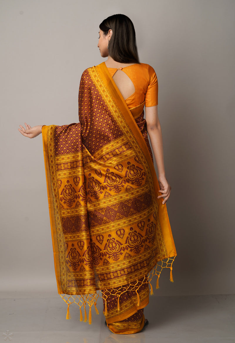 Brown  Fancy Block Printed Art Silk Saree-UNM66621