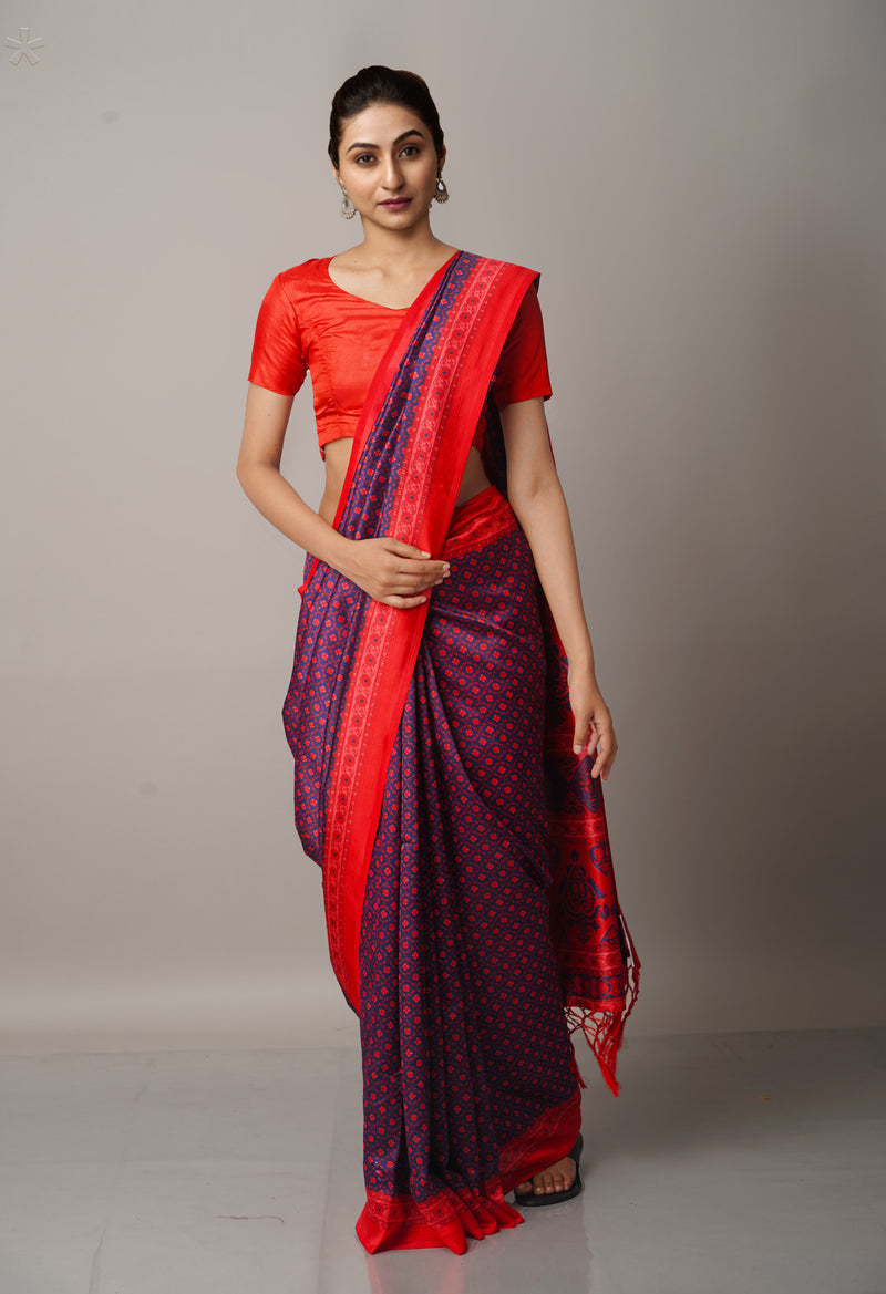 Blue  Fancy Block Printed Art Silk Saree-UNM66622