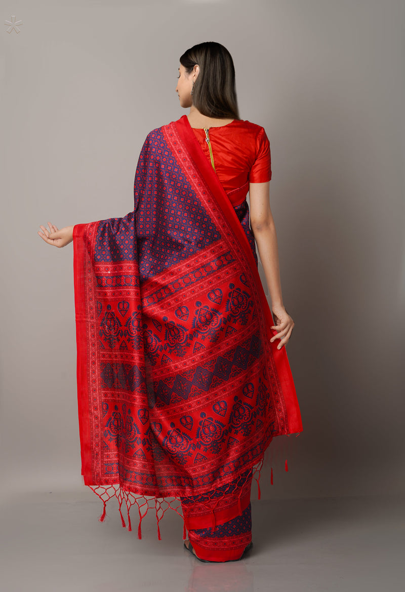 Blue  Fancy Block Printed Art Silk Saree-UNM66622