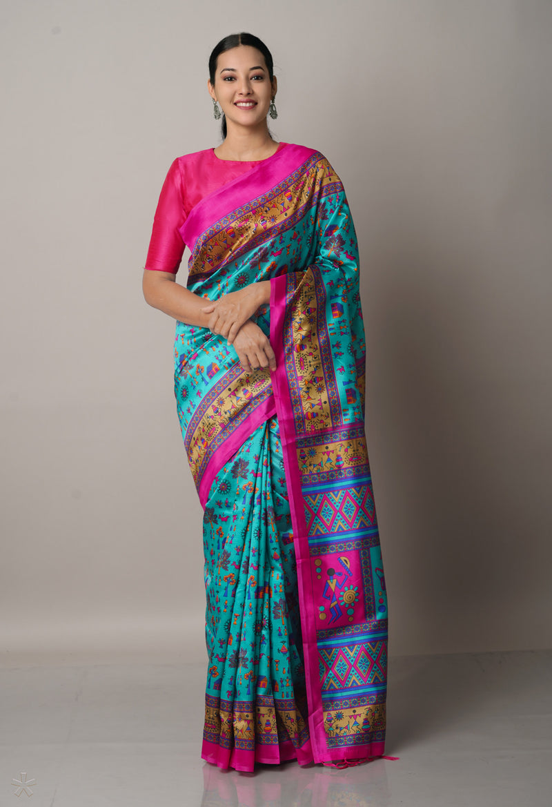 Blue  Fancy Block Printed Art Silk Saree-UNM66628