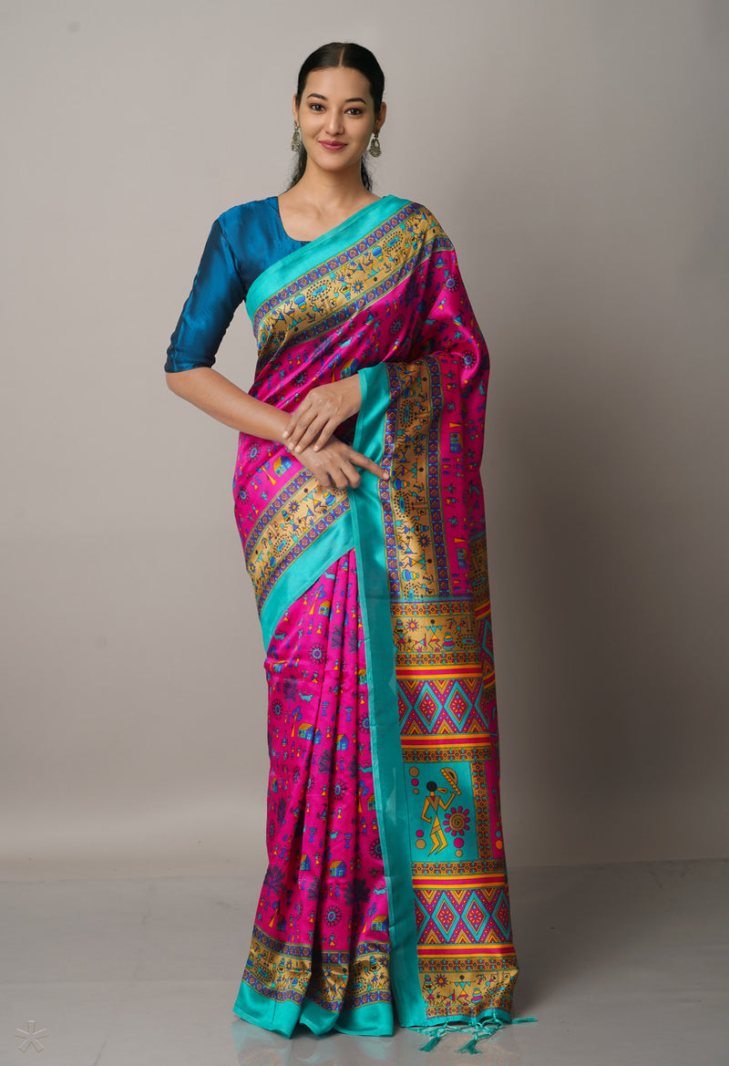 Pink  Fancy Block Printed Art Silk Saree-UNM66633