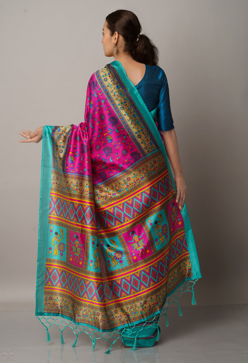 Pink  Fancy Block Printed Art Silk Saree-UNM66633