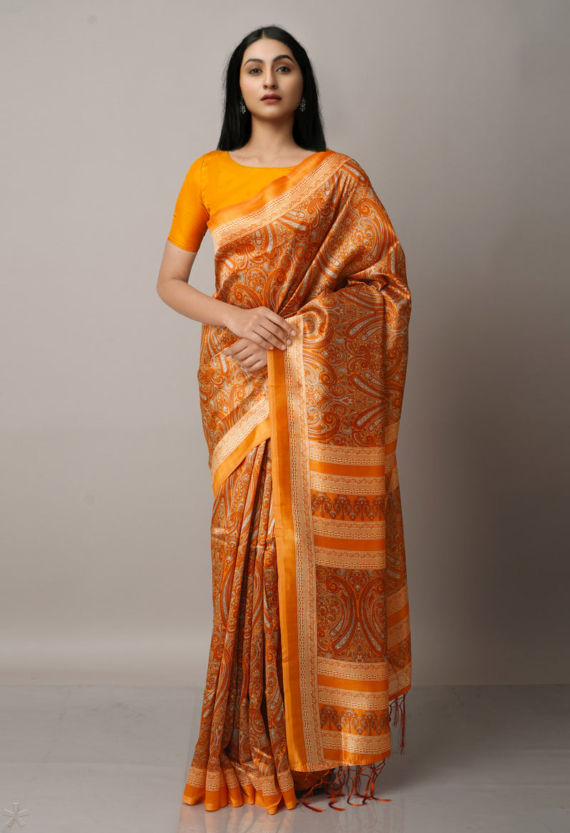 Orange  Fancy Block Printed Art Silk Saree-UNM66640
