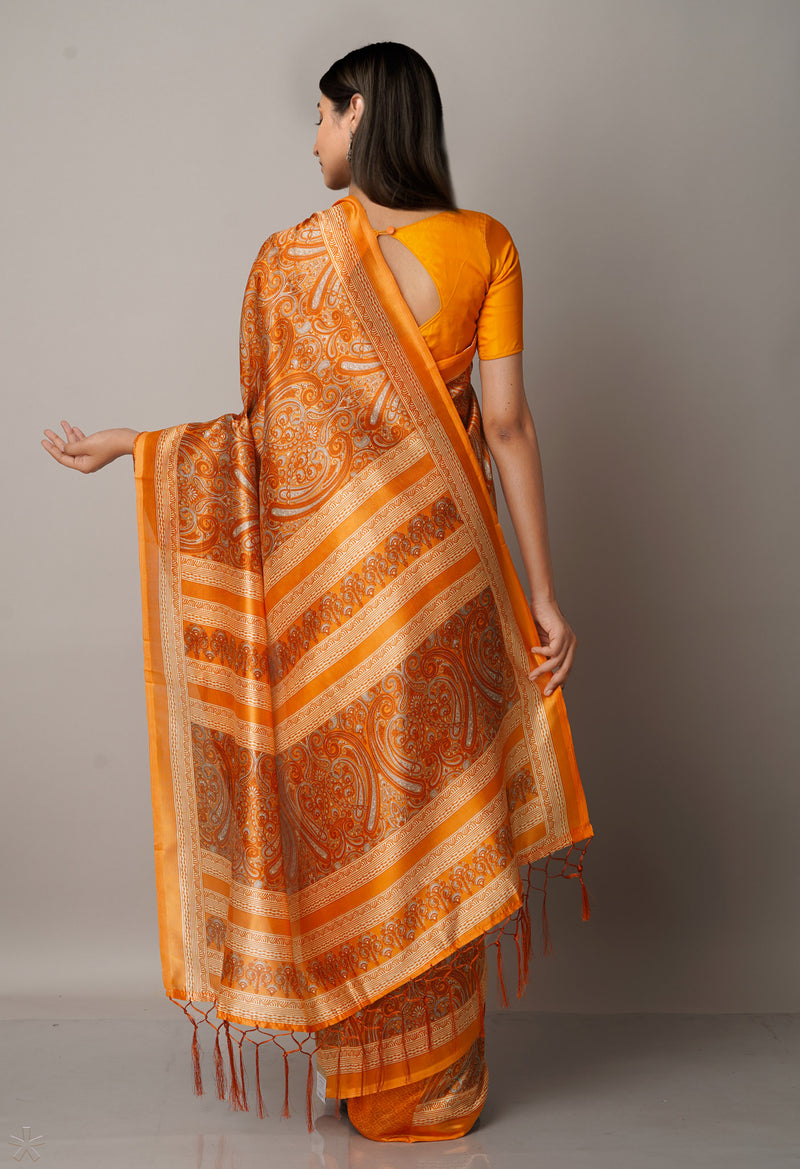 Orange  Fancy Block Printed Art Silk Saree-UNM66640