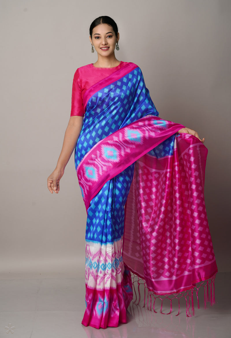 Blue  Fancy Block Printed Art Silk Saree-UNM66646
