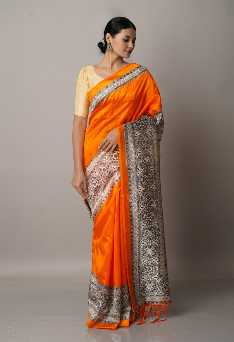 Orange  Fancy Block Printed Art Silk Saree-UNM66650