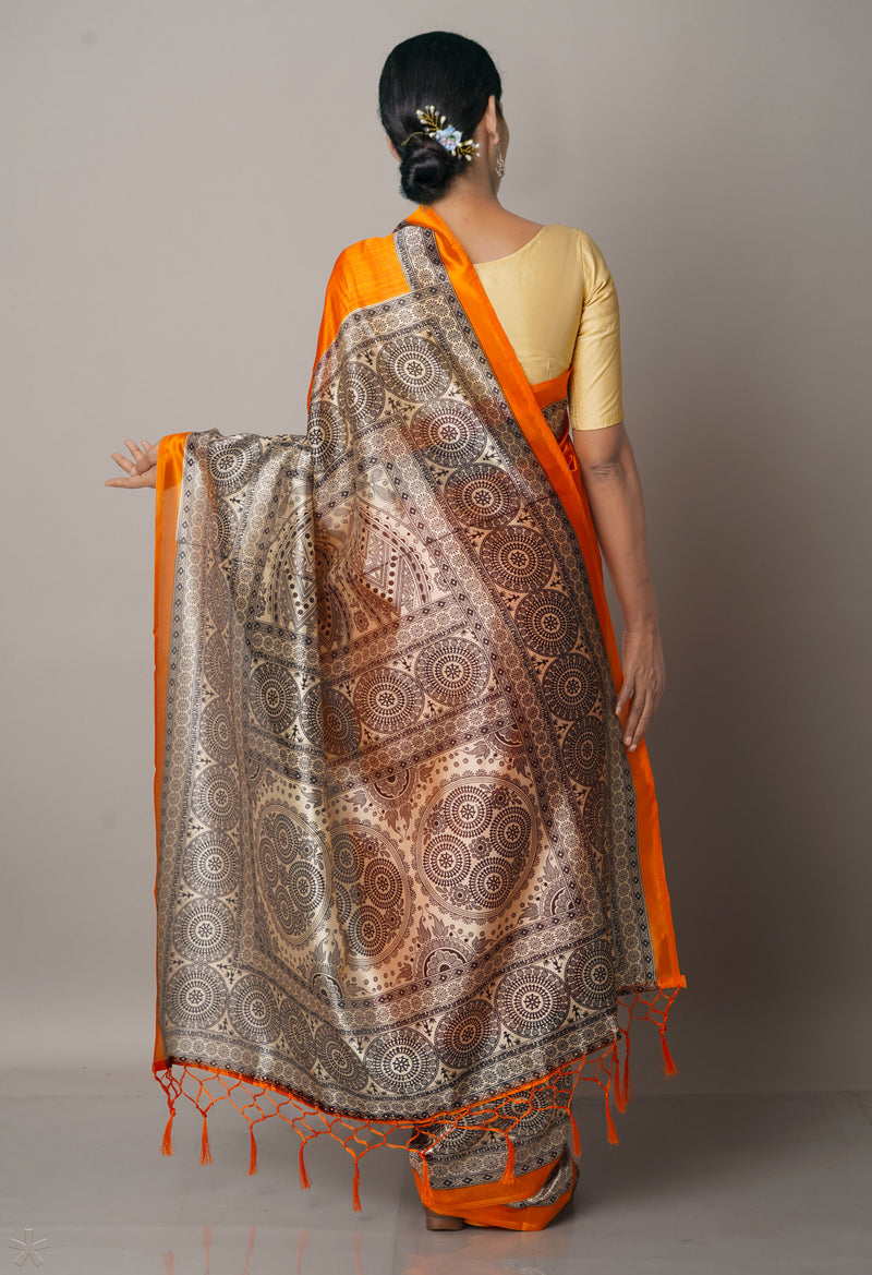 Orange  Fancy Block Printed Art Silk Saree-UNM66650