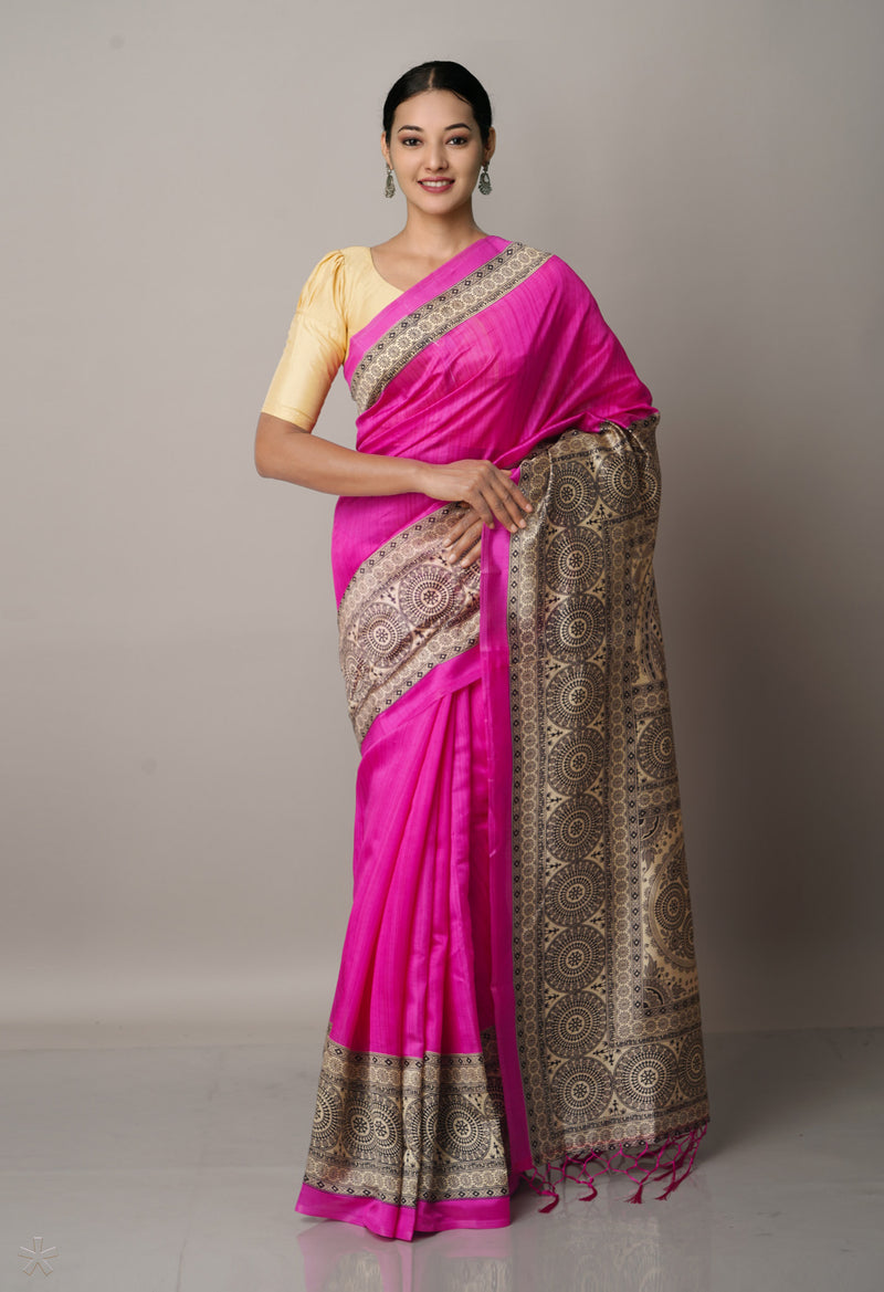 Pink  Fancy Block Printed Art Silk Saree-UNM66655