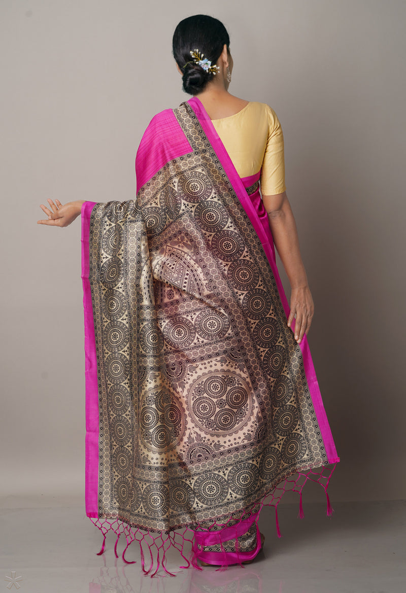 Pink  Fancy Block Printed Art Silk Saree-UNM66655
