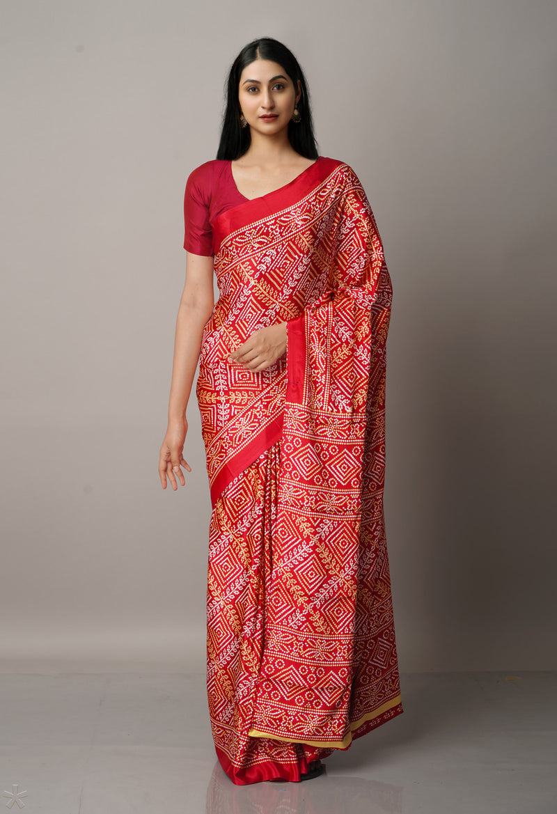 Red  Bandhani Crepe Soft Silk Saree-UNM66668