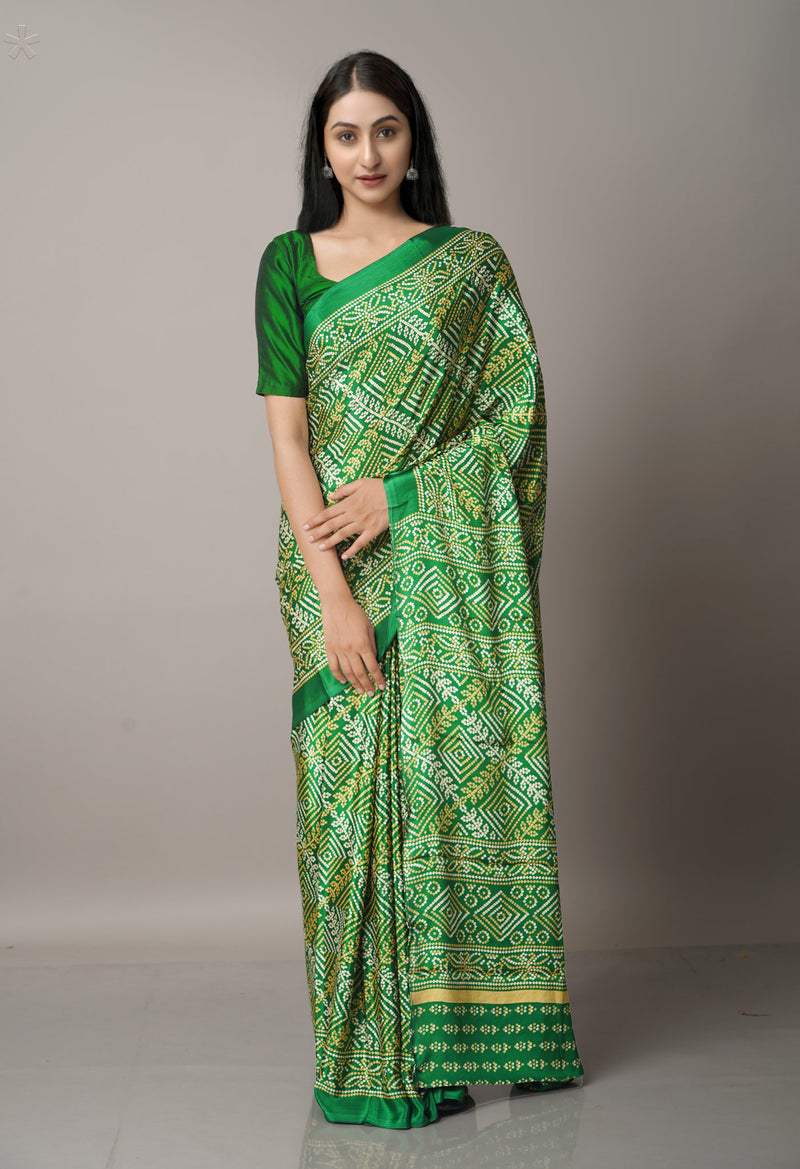 Green  Block Printed Crepe Soft Silk Saree-UNM66721