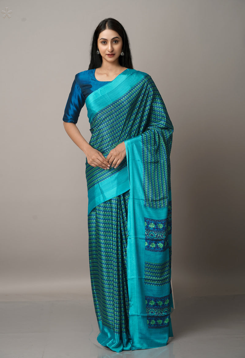Sky Blue  Block Printed Crepe Soft Silk Saree-UNM66702