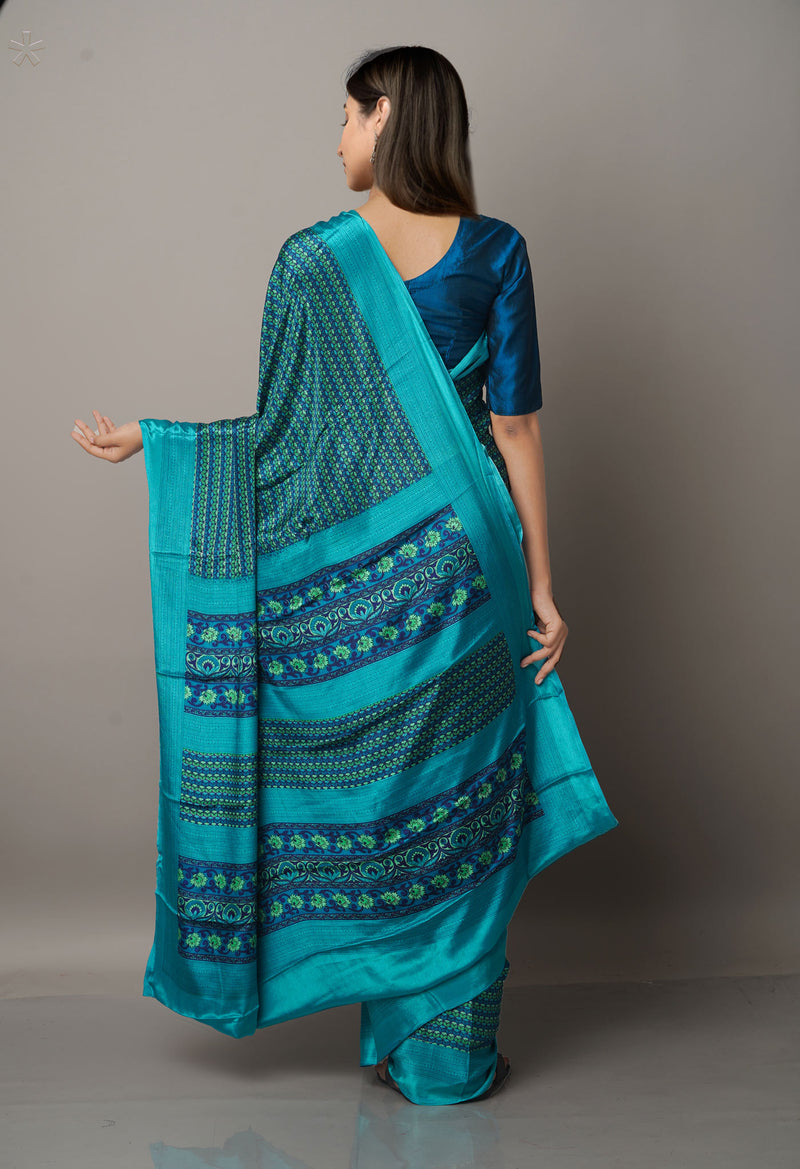 Sky Blue  Block Printed Crepe Soft Silk Saree-UNM66702