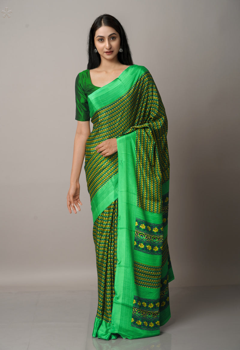 Green  Block Printed Crepe Soft Silk Saree-UNM66703