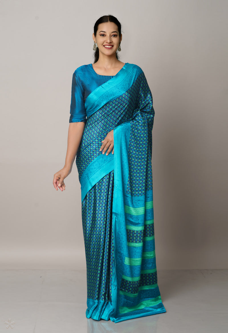 Blue  Block Printed Crepe Soft Silk Saree-UNM66704