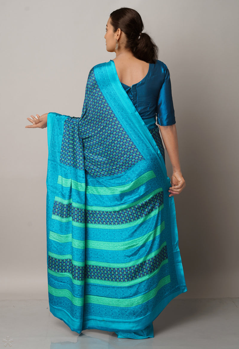 Blue  Block Printed Crepe Soft Silk Saree-UNM66704
