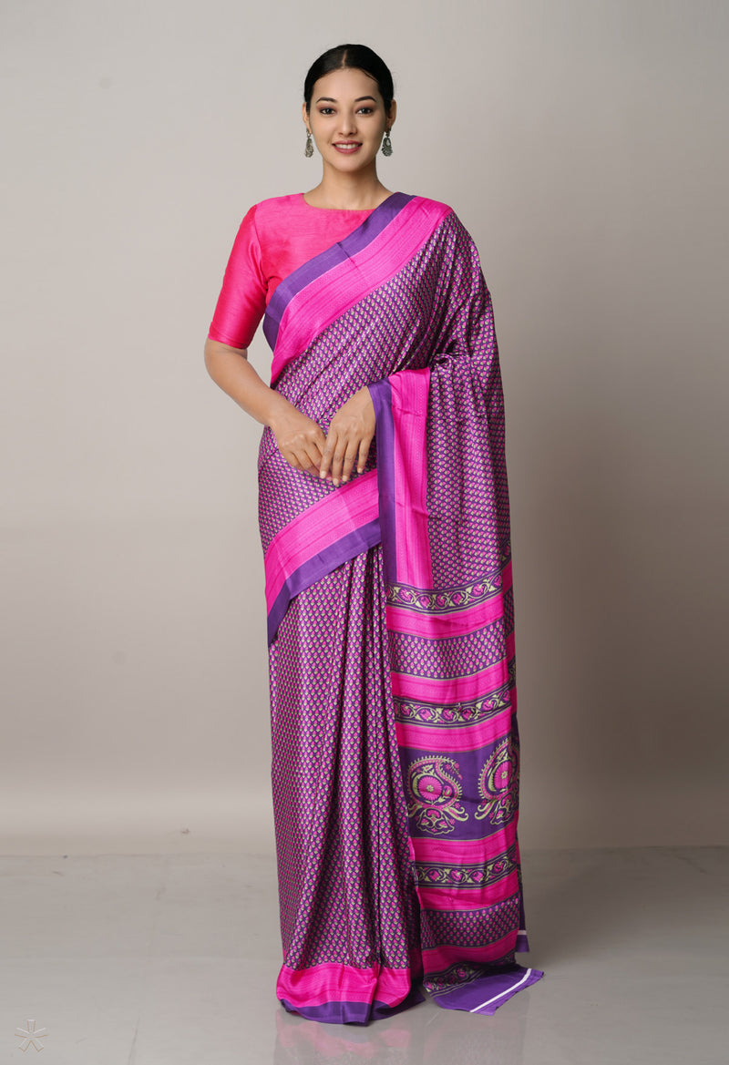 Purple-Pink  Block Printed Crepe Soft Silk Saree-UNM66708