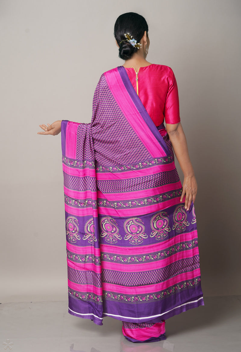 Purple-Pink  Block Printed Crepe Soft Silk Saree-UNM66708