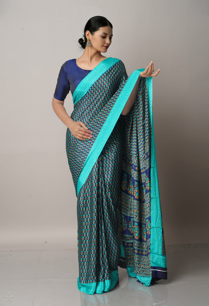Blue  Block Printed Crepe Soft Silk Saree-UNM66710