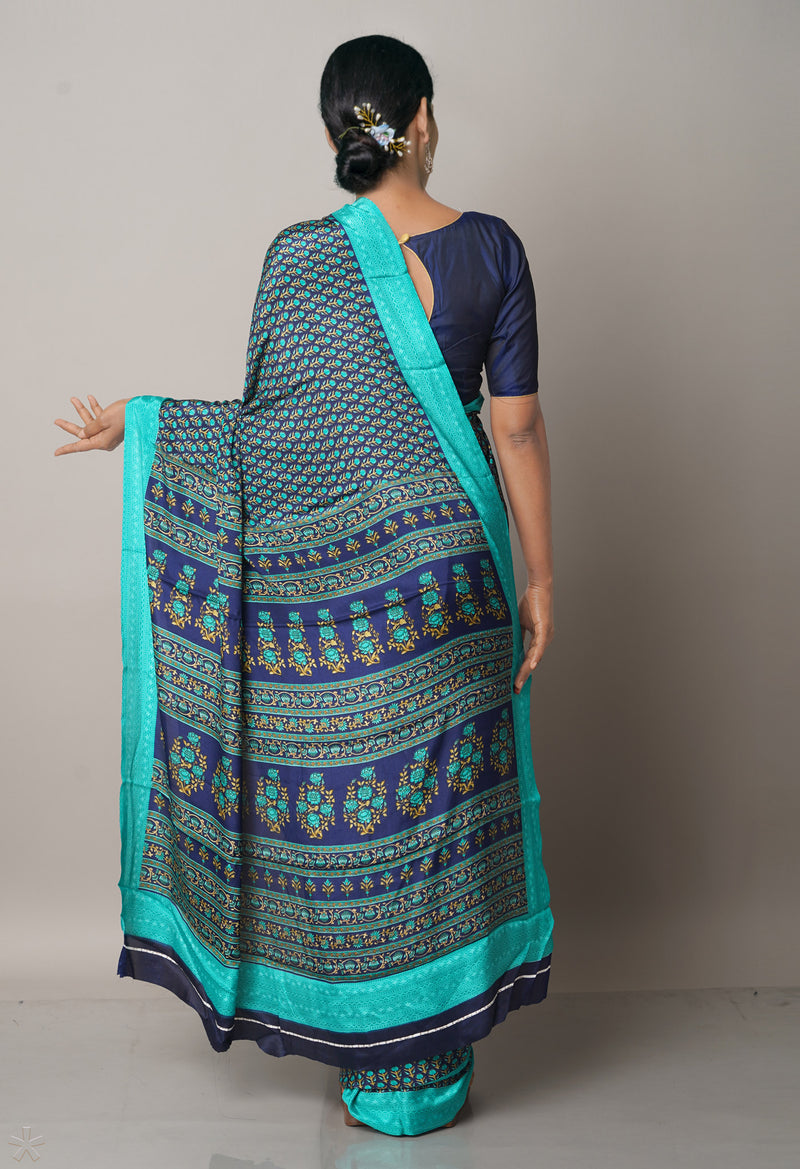 Blue  Block Printed Crepe Soft Silk Saree-UNM66710