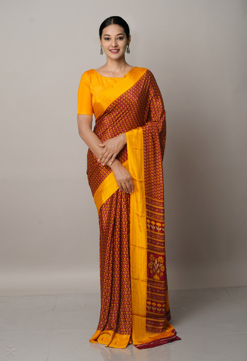 Brown-Yellow  Block Printed Crepe Soft Silk Saree-UNM66715