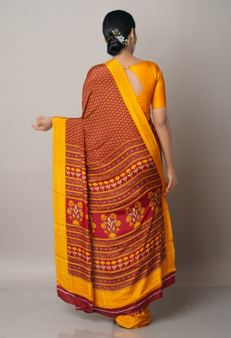 Brown-Yellow  Block Printed Crepe Soft Silk Saree-UNM66715