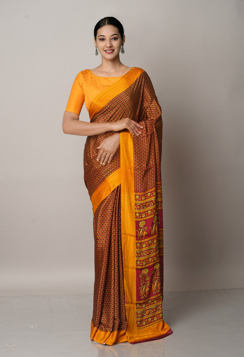 Brown-Yellow  Block Printed Crepe Soft Silk Saree-UNM66716