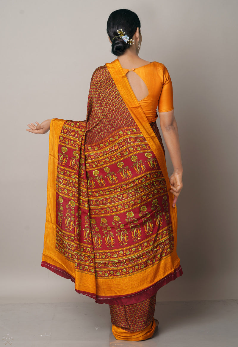 Brown-Yellow  Block Printed Crepe Soft Silk Saree-UNM66716