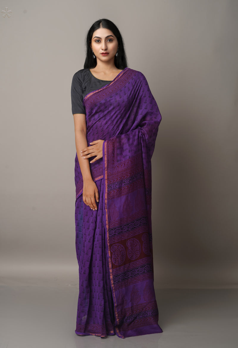 Violet Pure Chanderi Bagh Printed Cotton Saree-UNM66723