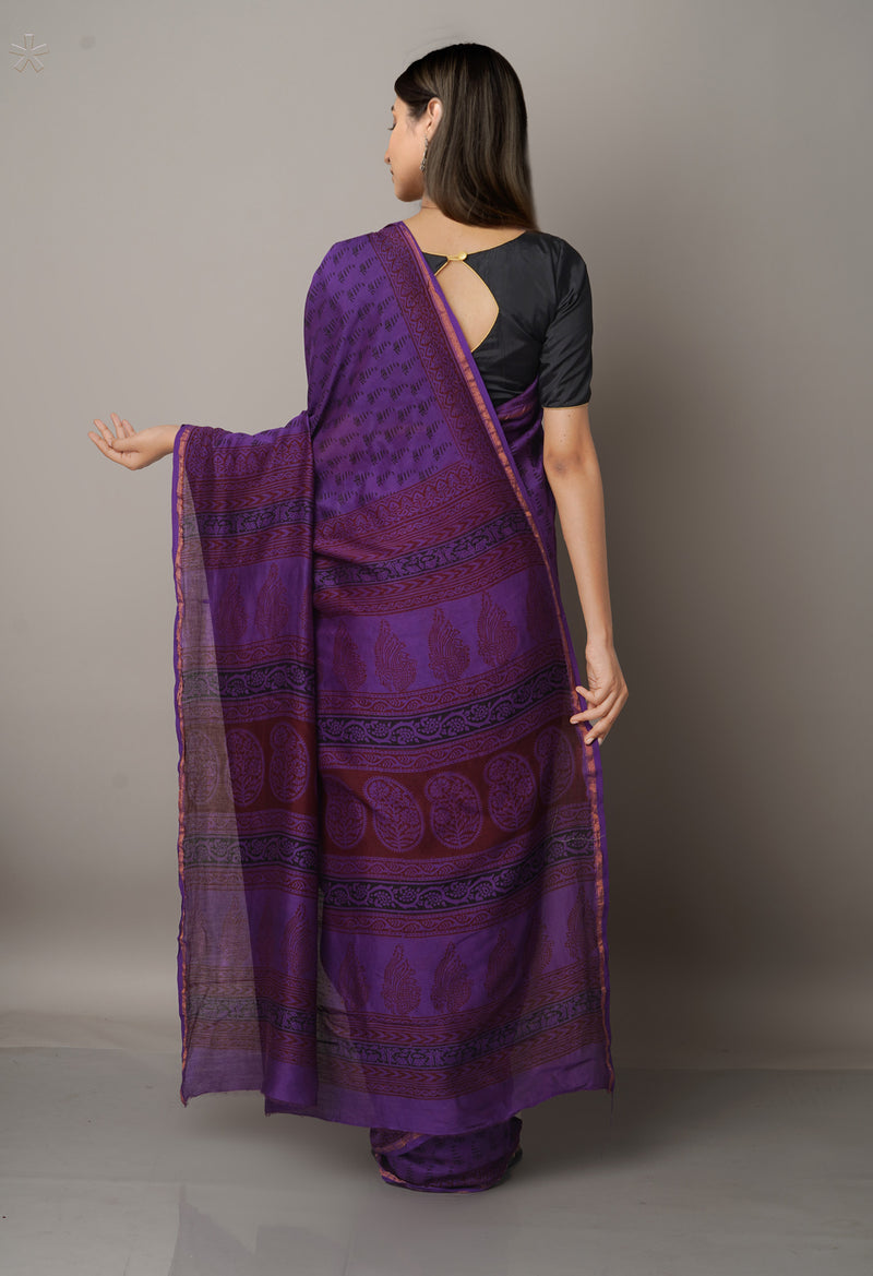 Violet Pure Chanderi Bagh Printed Cotton Saree-UNM66723