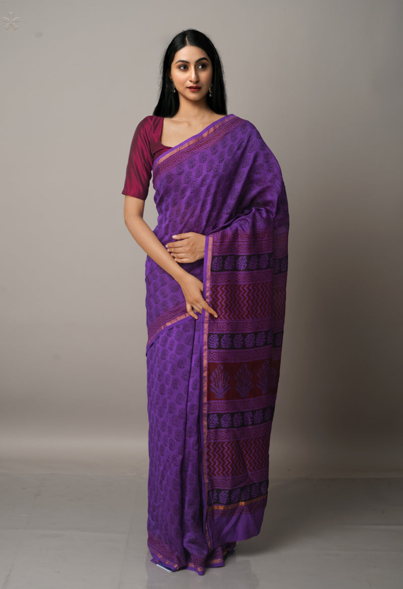 Violet Pure Chanderi Bagh Printed Cotton Saree-UNM66725