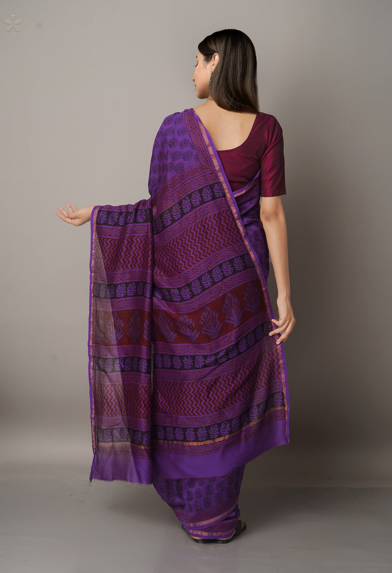 Violet Pure Chanderi Bagh Printed Cotton Saree-UNM66725