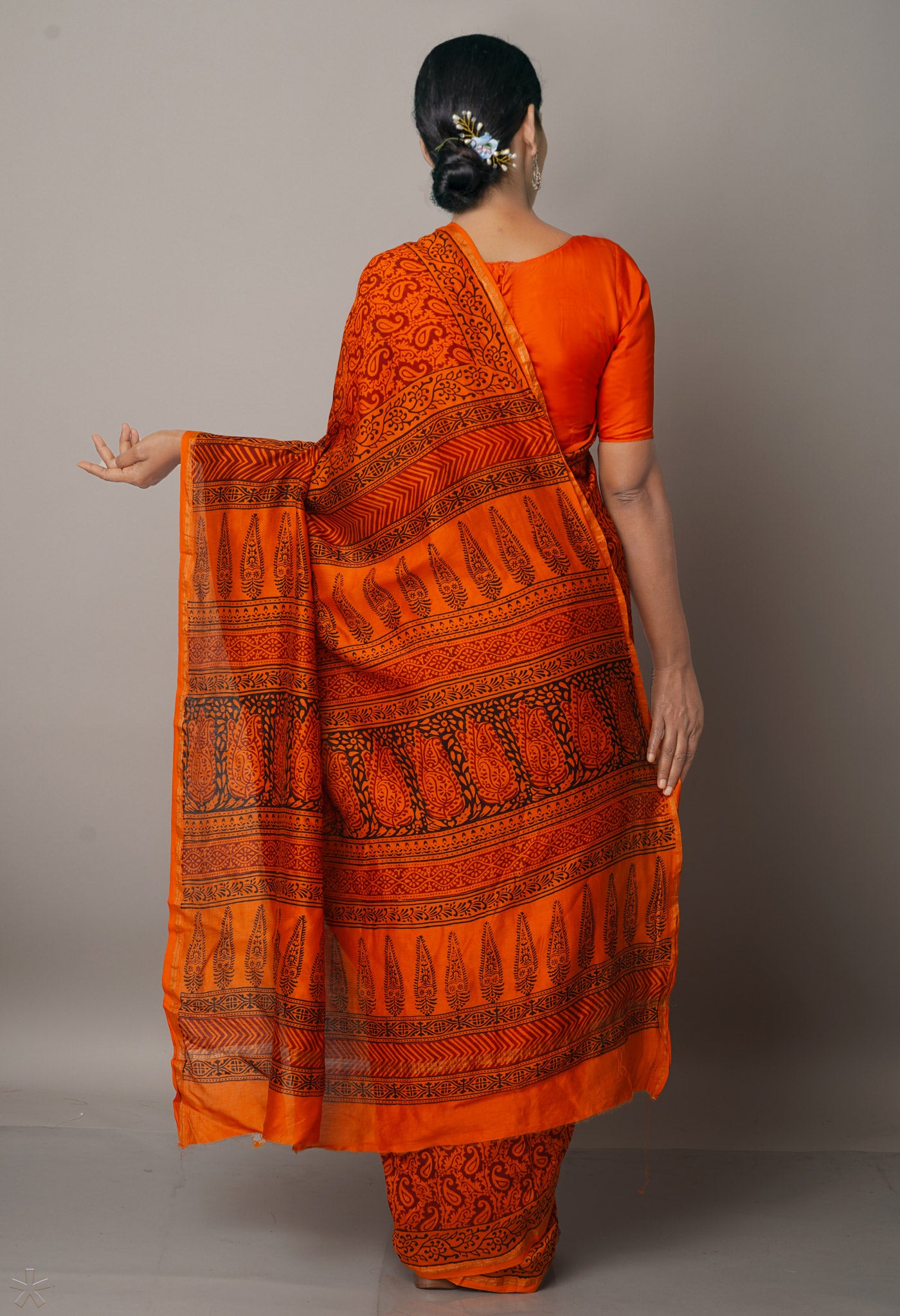 Orange Pure Chanderi Bagh Printed Cotton Saree-UNM66740